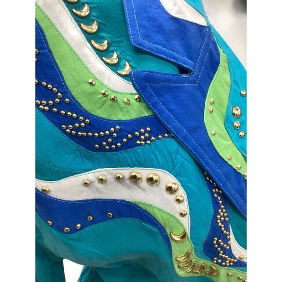 VTG Caché Romper Women’s SZ S Silk Gold Bling Design Very Cool Piece Turquoise - Picture 5 of 6